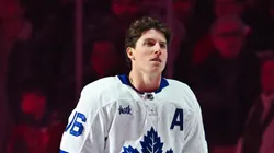 Mitch Marner #16 of the Toronto Maple Leafs stands during the anthem prior to the game against the Montreal Canadiens at the Bell Centre on January 18, 2025 in Montreal, Quebec, Canada.