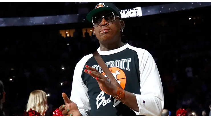 Former Detroit Piston Dennis Rodman take the floor for a halftime ceremony at the final NBA game at the Palace of Auburn Hills between the Detroit Pistons and Washington Wizards on April 10, 2017 in Auburn Hills, Michigan.