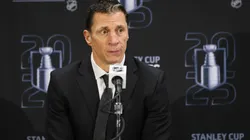 Head coach Rod Brind'Amour of the Carolina Hurricanes speaks with the media following the series win over the Washington Capitals in Game Five of the Second Round of the 2025 Stanley Cup Playoffs at Capital One Arena on May 15, 2025 in Washington, DC.