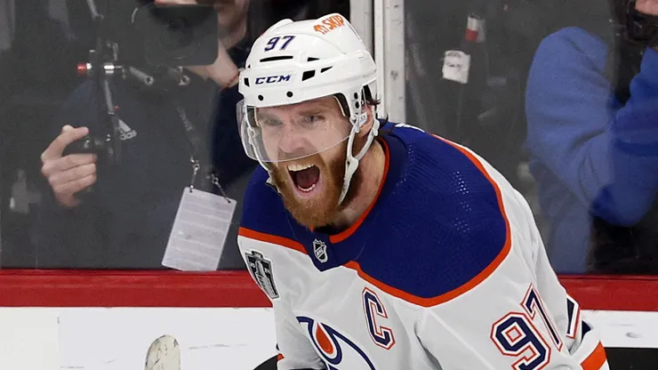 Connor McDavid #97 of the Edmonton Oilers reacts after scoring an empty net goal during the third period against the Florida Panthers in Game Five of the 2024 Stanley Cup Final.