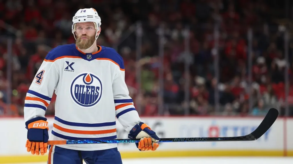 Mattias Ekholm #14 of the Edmonton Oilers looks on against the Washington Capitals during the first period at Capital One Arena on February 23, 2025 in Washington, DC. (Photo by Patrick Smith/Getty Images)