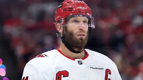 Jordan Staal #11 of the Carolina Hurricanes looks on against the Florida Panthers during the third period in Game Three of the Eastern Conference Final of the 2025 Stanley Cup Playoffs at Amerant Bank Arena on May 24, 2025 in Sunrise, Florida.
