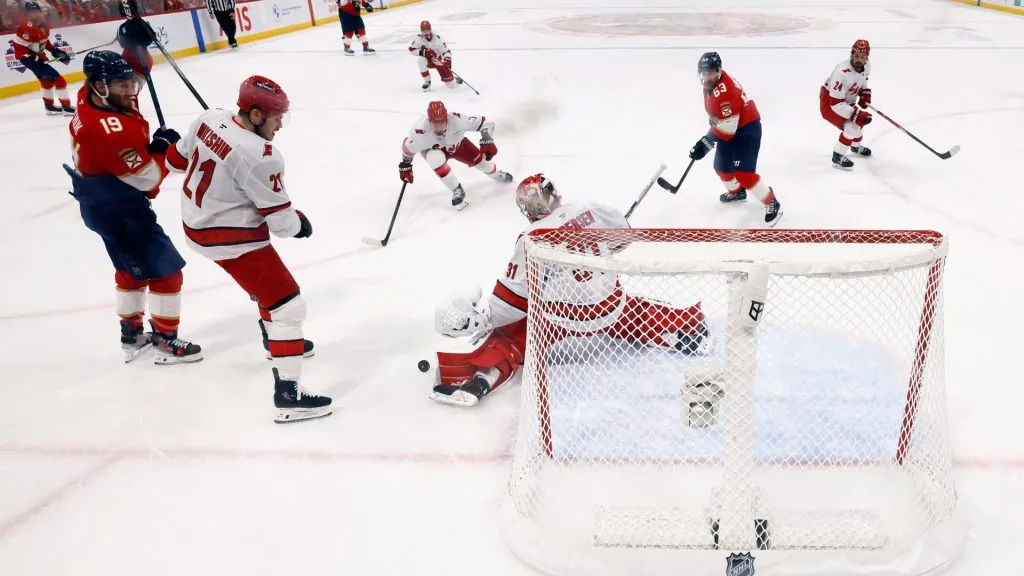 Frederik Andersen #31 of the Carolina Hurricanes makes a second period kick save against the Florida Panthers in Game Four of the Eastern Conference Final of the 2025 Stanley Cup Playoffs at Amerant Bank Arena on May 26, 2025 in Sunrise, Florida. (Photo by Bruce Bennett/Getty Images)