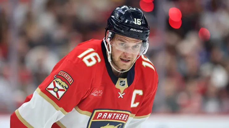 Aleksander Barkov #16 of the Florida Panthers looks on during the first period against the Tampa Bay Lightning in Game Four of the First Round of the 2025 Stanley Cup Playoffs.