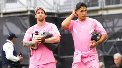 Lionel Messi #10 and Luis Suárez #9 of Inter Miami CF arrive prior to a game against the Philadelphia Union at Chase Stadium on March 29, 2025 in Fort Lauderdale, Florida.