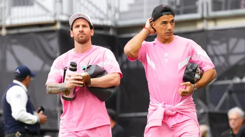 Lionel Messi #10 and Luis Suárez #9 of Inter Miami CF arrive prior to a game against the Philadelphia Union at Chase Stadium on March 29, 2025 in Fort Lauderdale, Florida.
