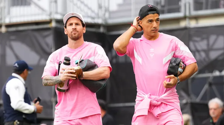 Lionel Messi #10 and Luis Suárez #9 of Inter Miami CF arrive prior to a game against the Philadelphia Union at Chase Stadium on March 29, 2025 in Fort Lauderdale, Florida.