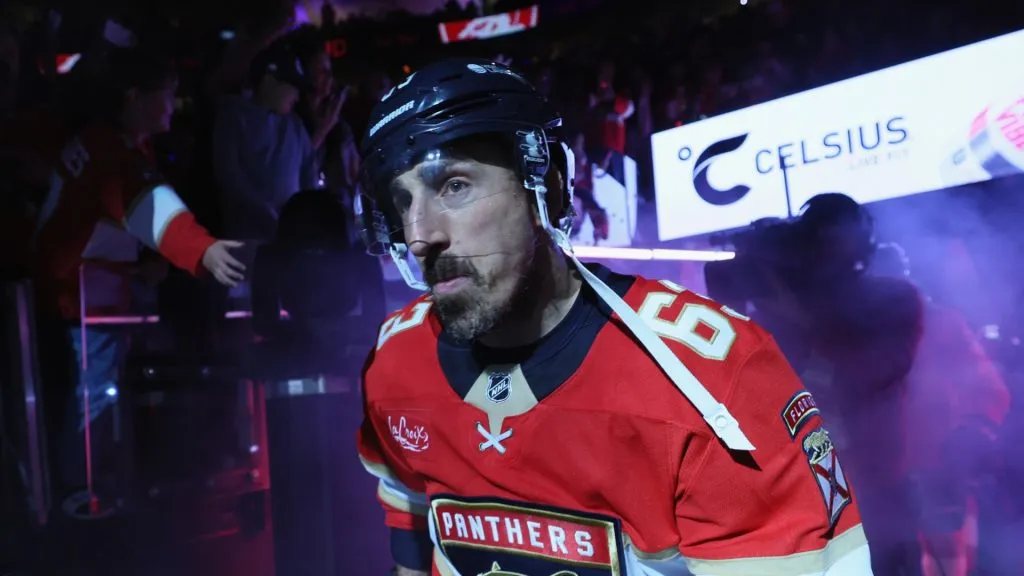 Brad Marchand #63 of the Florida Panthers heads out for the game against the Carolina Hurricanes in Game Three of the Eastern Conference Final of the 2025 Stanley Cup Playoffs at Amerant Bank Arena on May 24, 2025 in Sunrise, Florida.