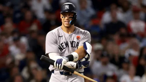 Aaron Judge #99 of the New York Yankees reacts after a walk during the eighth inning against the Los Angeles Angels at Angel Stadium of Anaheim on May 26, 2025 in Anaheim, California.