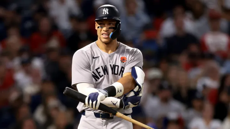 Aaron Judge #99 of the New York Yankees reacts after a walk during the eighth inning against the Los Angeles Angels at Angel Stadium of Anaheim on May 26, 2025 in Anaheim, California.