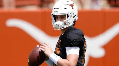 Arch Manning #16 of the Texas Longhorns warms up before the Texas Football Orange-White Spring Football Game at Darrell K Royal-Texas Memorial Stadium on April 15, 2023 in Austin, Texas.