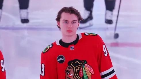Connor Bedard at the United Center on October 21, 2023 in Chicago, Illinois.
