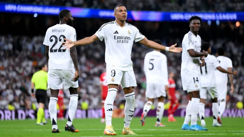 Kylian Mbappe of Real Madrid celebrates scoring his team’s first goal during the UEFA Champions League 2024/25 League Phase MD1 match against VfB Stuttgart in 2024. (Source: David Ramos/Getty Images)