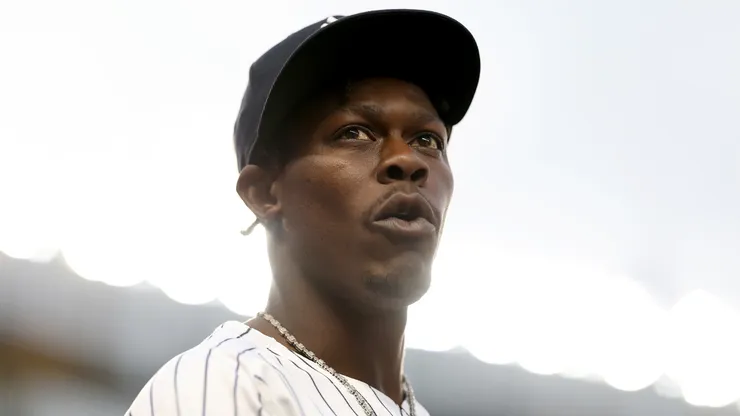 Jazz Chisholm Jr. #13 of the New York Yankees stands by the dugout after the top of the first inning against the Toronto Blue Jays at Yankee Stadium on April 25, 2025 in the Bronx borough of New York City.