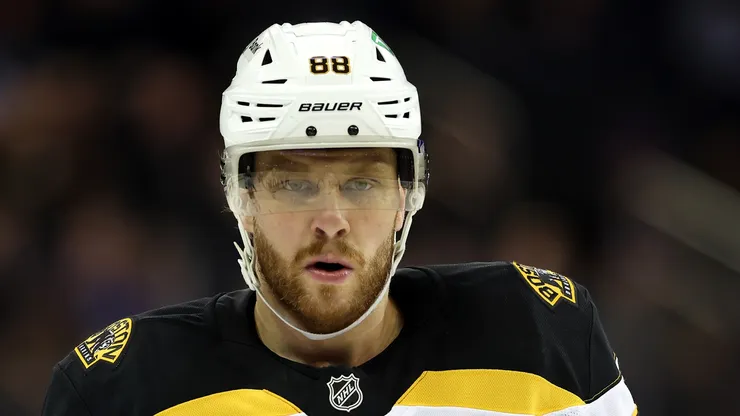 David Pastrnak #88 of the Boston Bruins looks on against the New York Rangers at Madison Square Garden on January 02, 2025 in New York City.
