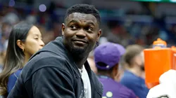 Zion Williamson #1 of the New Orleans Pelicans sits on the bench during the first half of a game against the Oklahoma City Thunder at Smoothie King Center on April 13, 2025 in New Orleans, Louisiana.