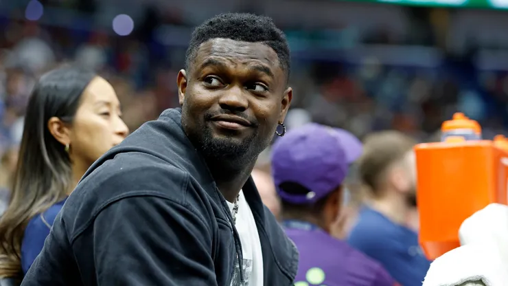 Zion Williamson #1 of the New Orleans Pelicans sits on the bench during the first half of a game against the Oklahoma City Thunder at Smoothie King Center on April 13, 2025 in New Orleans, Louisiana.