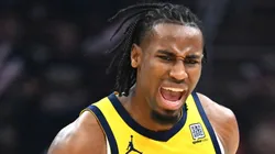 Indiana Pacers small forward Aaron Nesmith reacts during the Eastern Conference playoffs.