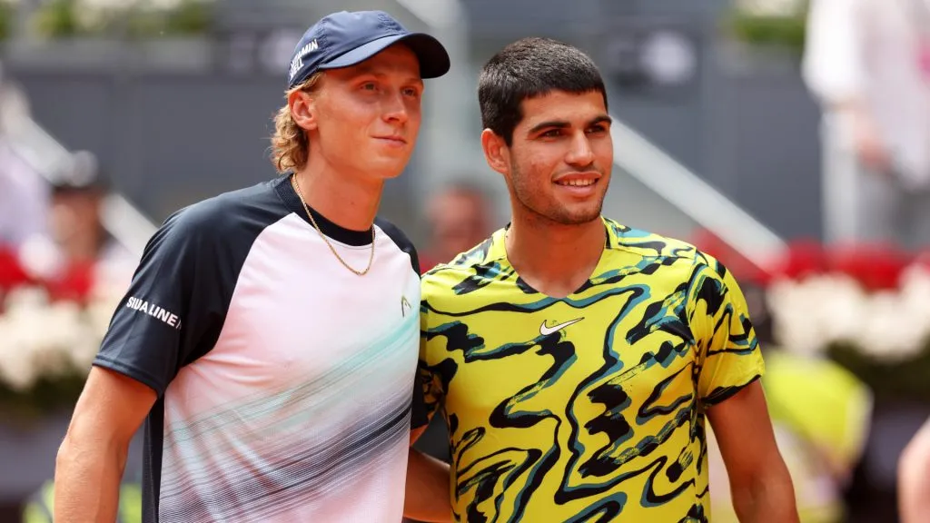Carlos Alcaraz of Spain photographed with opponent Emil Ruusuvuori of Finland prior to their second round match of the 2023 Madrid Open. (Clive Brunskill/Getty Images)