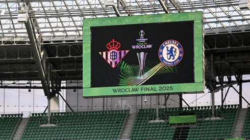 General view inside the stadium as players of Real Betis speak in a huddle during a Real Betis Balompie Training Session ahead of the UEFA Conference League Final 2025 between Real Betis Balompie and Chelsea FC at Stadion Wroclaw on May 27, 2025 in Wroclaw, Poland.