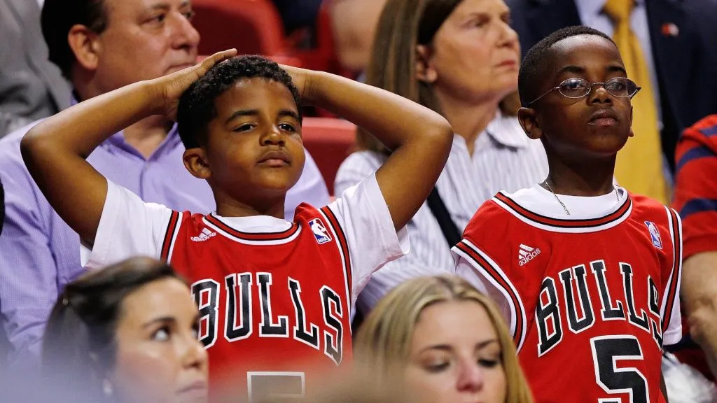 Chicago Bulls fans watch a game against the Miami Heat at American Airlines Arena on April 19, 2012. (Source: Mike Ehrmann/Getty Images)