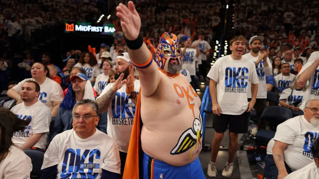 An Oklahoma City Thunder fan cheers during game two of the first round of the NBA playoffs against the New Orleans Pelicans at Paycom Center on April 24, 2024. (Source: Jamie Squire/Getty Images)
