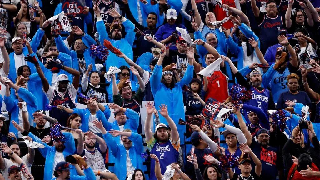 Fans in “The Wall” react during the second quarter between the Los Angeles Clippers and the Denver Nuggets in Game Three of the Western Conference First Round NBA Playoffs in 2025. (Source: Ronald Martinez/Getty Images)