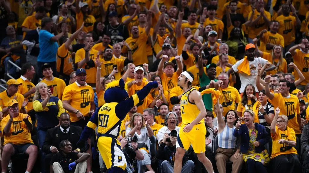 Indiana Pacers fans celebrate as Andrew Nembhard #2 of the Indiana Pacers reacts during the third quarter of game six of the Eastern Conference First Round Playoffs in 2024. (Source: Dylan Buell/Getty Images)