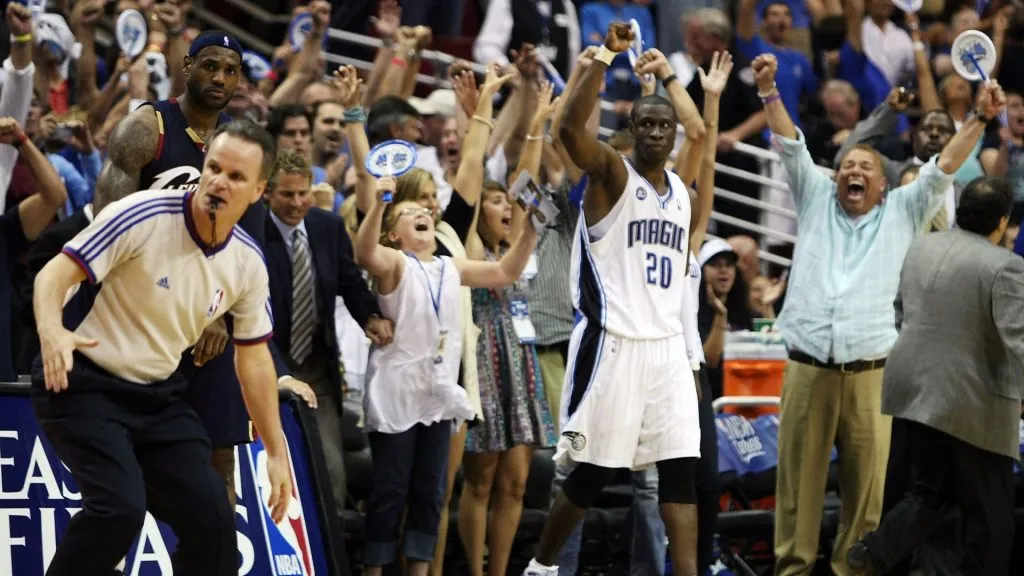 Mickael Pietrus #20 of the Orlando Magic and fans celebrate their 116-114 victory over the Cleveland Cavaliers in Game Four of the Eastern Conference Finals during the 2009 NBA Playoffs. (Source: Elsa/Getty Images)