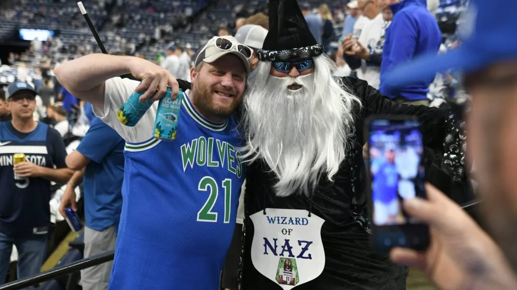 Minnesota Timberwolves fans pose prior to a game against the Dallas Mavericks in Game One of the Western Conference Finals at Target Center on May 22, 2024. (Source: Stephen Maturen/Getty Images)