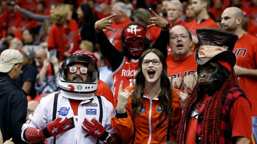 Houston Rockets fans cheer before the game during Game One of the first round of the 2019 NBA Western Conference Playoffs between the Houston Rockets and the Utah Jazz. (Source: Bob Levey/Getty Images)