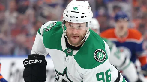 Mikko Rantanen #96 of the Dallas Stars plays the puck against the Edmonton Oilers during the first period in Game Four of the Western Conference Final of the 2025 Stanley Cup Playoffs at Rogers Place on May 27, 2025 in Edmonton, Alberta, Canada.