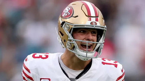 Brock Purdy #13 of the San Francisco 49ers reacts during the fourth quarter against the Jacksonville Jaguars at EverBank Stadium on November 12, 2023 in Jacksonville, Florida.