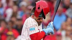 : Bryce Harper #3 of the Philadelphia Phillies is hit by a pitch in the bottom of the first inning against the Atlanta Braves at Citizens Bank Park on May 27, 2025 in Philadelphia, Pennsylvania.