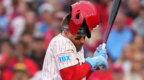 : Bryce Harper #3 of the Philadelphia Phillies is hit by a pitch in the bottom of the first inning against the Atlanta Braves at Citizens Bank Park on May 27, 2025 in Philadelphia, Pennsylvania.
