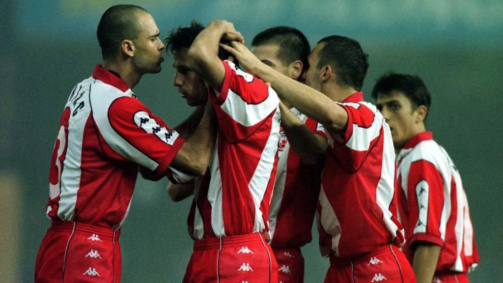 Milenko Acimovic of Belgrade celebrates with his team-mates after scoring during the match between Leicester City and Red Star Belgrade in the UEFA Cup First Round First Leg in 2000. (Source: Ben Radford/ALLSPORT)