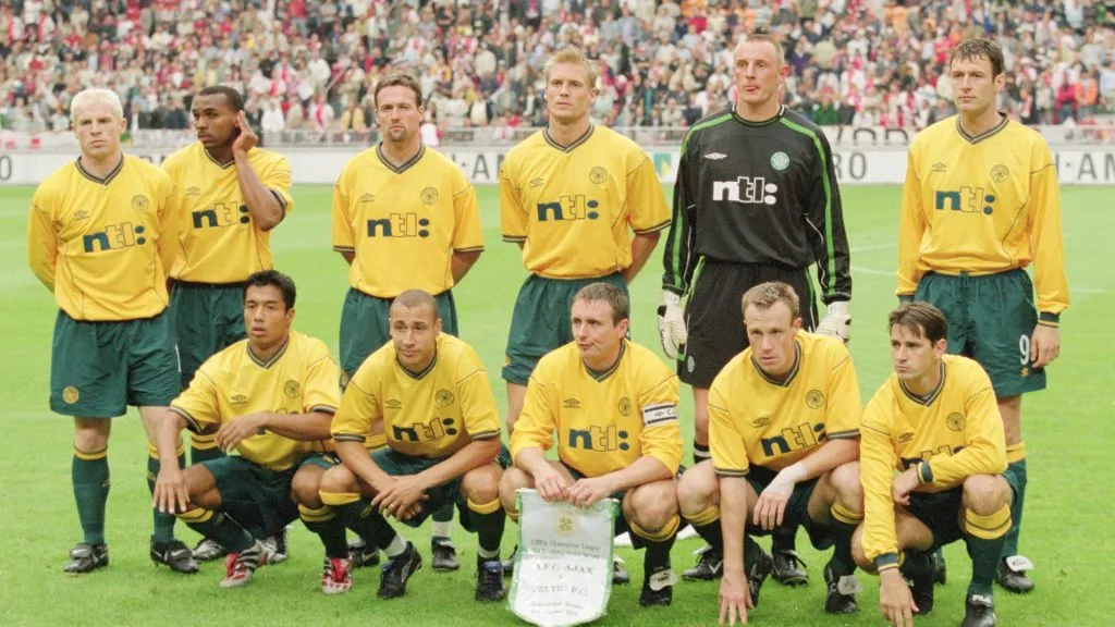 The Celtic Team line up before the start of the UEFA Champions League Qualifiier against Ajax played at the Amsterdam Arena in 2001. (Source: Mike Hewitt /Allsport)