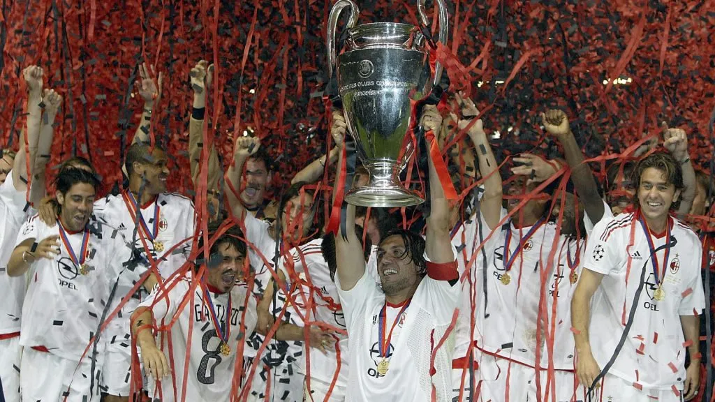 Captain Paolo Maldini if Milan lifts the trophy after winning the UEFA Champions League Final match between Juventus FC and AC Milan on May 28, 2003. (Source: Alex Livesey/Getty Images)
