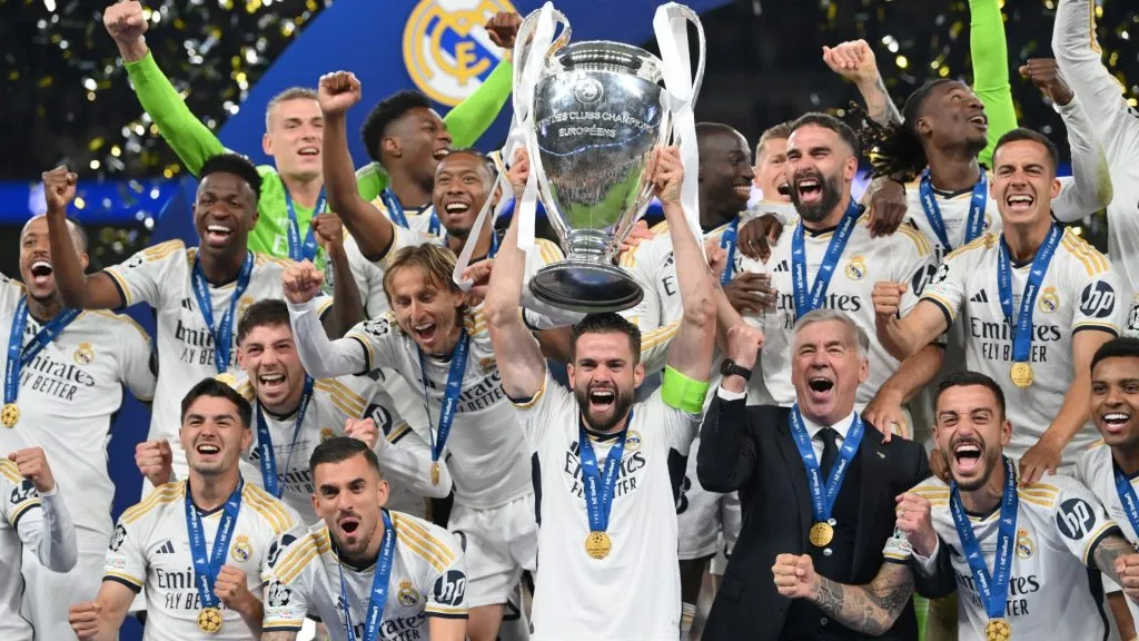 Nacho Fernandez of Real Madrid lifts the UEFA Champions League Trophy after his team’s victory the UEFA Champions League 2023/24 Final. (Source: Justin Setterfield/Getty Images)