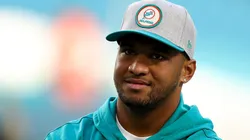 Tua Tagovailoa #1 of the Miami Dolphins looks on during pregame warm-ups prior to a game against the Pittsburgh Steelers at Hard Rock Stadium on October 23, 2022 in Miami Gardens, Florida.