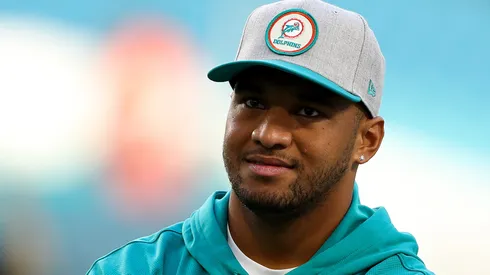 Tua Tagovailoa #1 of the Miami Dolphins looks on during pregame warm-ups prior to a game against the Pittsburgh Steelers at Hard Rock Stadium on October 23, 2022 in Miami Gardens, Florida.
