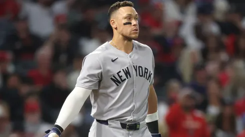 Aaron Judge #99 of the New York Yankees reacts after striking out during the seventh inning of a game against the Los Angeles Angels at Angel Stadium of Anaheim on May 27, 2025 in Anaheim, California.