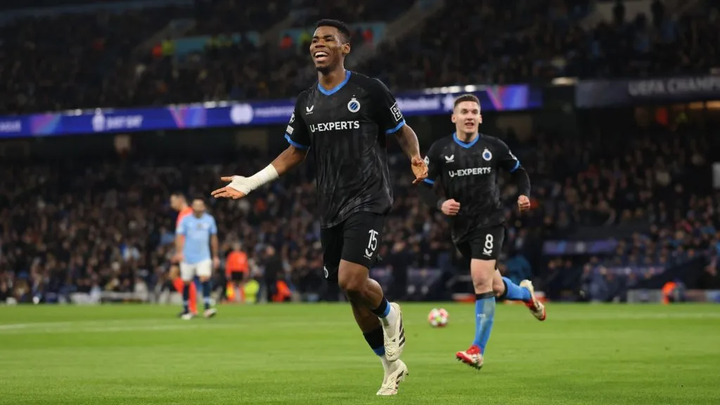 Raphael Onyedika of Club Brugge KV celebrates scoring his team’s first goal during the UEFA Champions League 2024/25 League Phase MD8 match. (Source: Carl Recine/Getty Images)