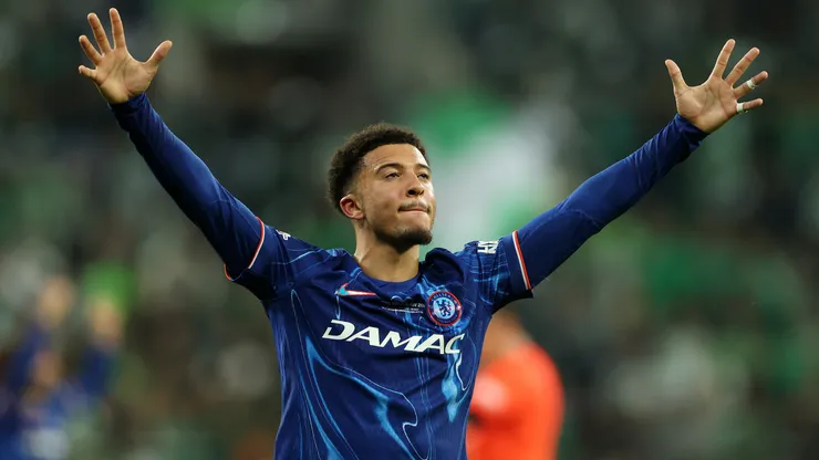Jadon Sancho of Chelsea celebrates his team's victory at full time following the UEFA Conference League Final 2025.