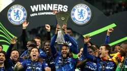 Reece James of Chelsea lifts the UEFA Conference League trophy after his team's victory in the UEFA Conference League Final 2025 vs Real Betis