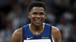 Anthony Edwards #5 of the Minnesota Timberwolves reacts after scoring during Game Five of the Western Conference Semifinals.