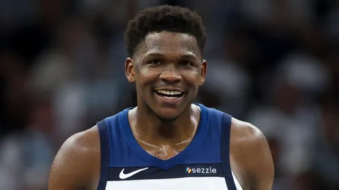 Anthony Edwards #5 of the Minnesota Timberwolves reacts after scoring during Game Five of the Western Conference Semifinals.