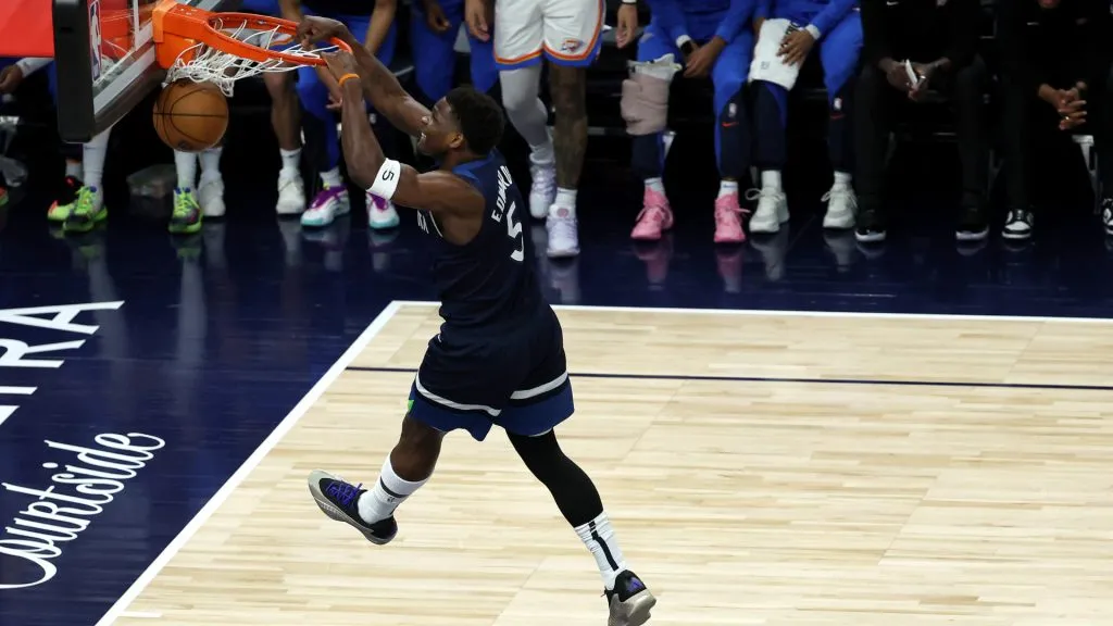 Anthony Edwards #5 of the Minnesota Timberwolves dunks the ball against the Oklahoma City Thunder during Game Three of the Western Conference Finals. (Ellen Schmidt/Getty Images)