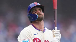 Bryce Harper #3 of the Philadelphia Phillies looks on after flying out to end the first inning against the St. Louis Cardinals during game one of a doubleheader at Citizens Bank Park on May 14, 2025 in Philadelphia, Pennsylvania.