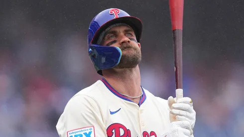 Bryce Harper #3 of the Philadelphia Phillies looks on after flying out to end the first inning against the St. Louis Cardinals during game one of a doubleheader at Citizens Bank Park on May 14, 2025 in Philadelphia, Pennsylvania.